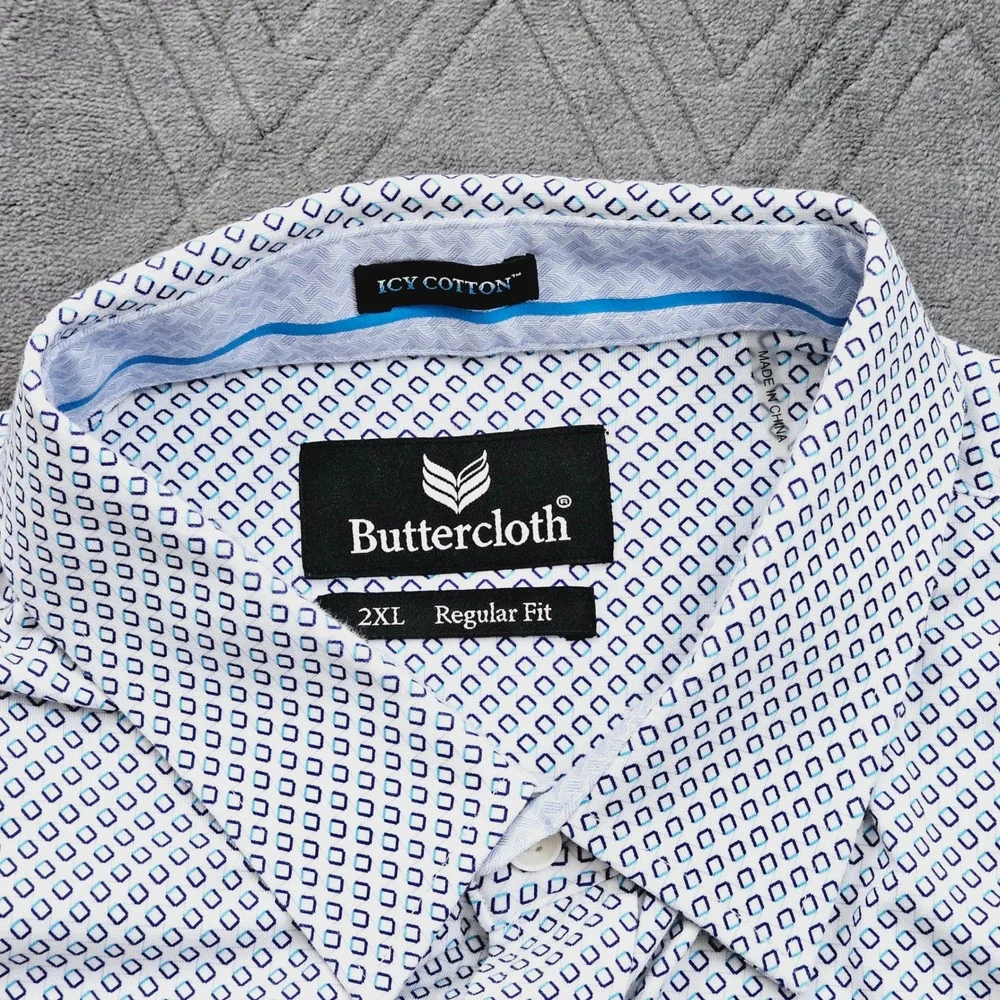 Buttercloth Button Up Shirt Mens 2XL White Blue Icy Cotton Geometric Regular Fit